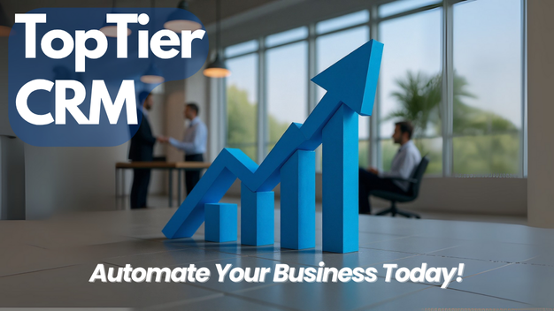 TopTier CRM banner showing a blue arrow graph indicating business growth, with the message 'Automate Your Business Today!